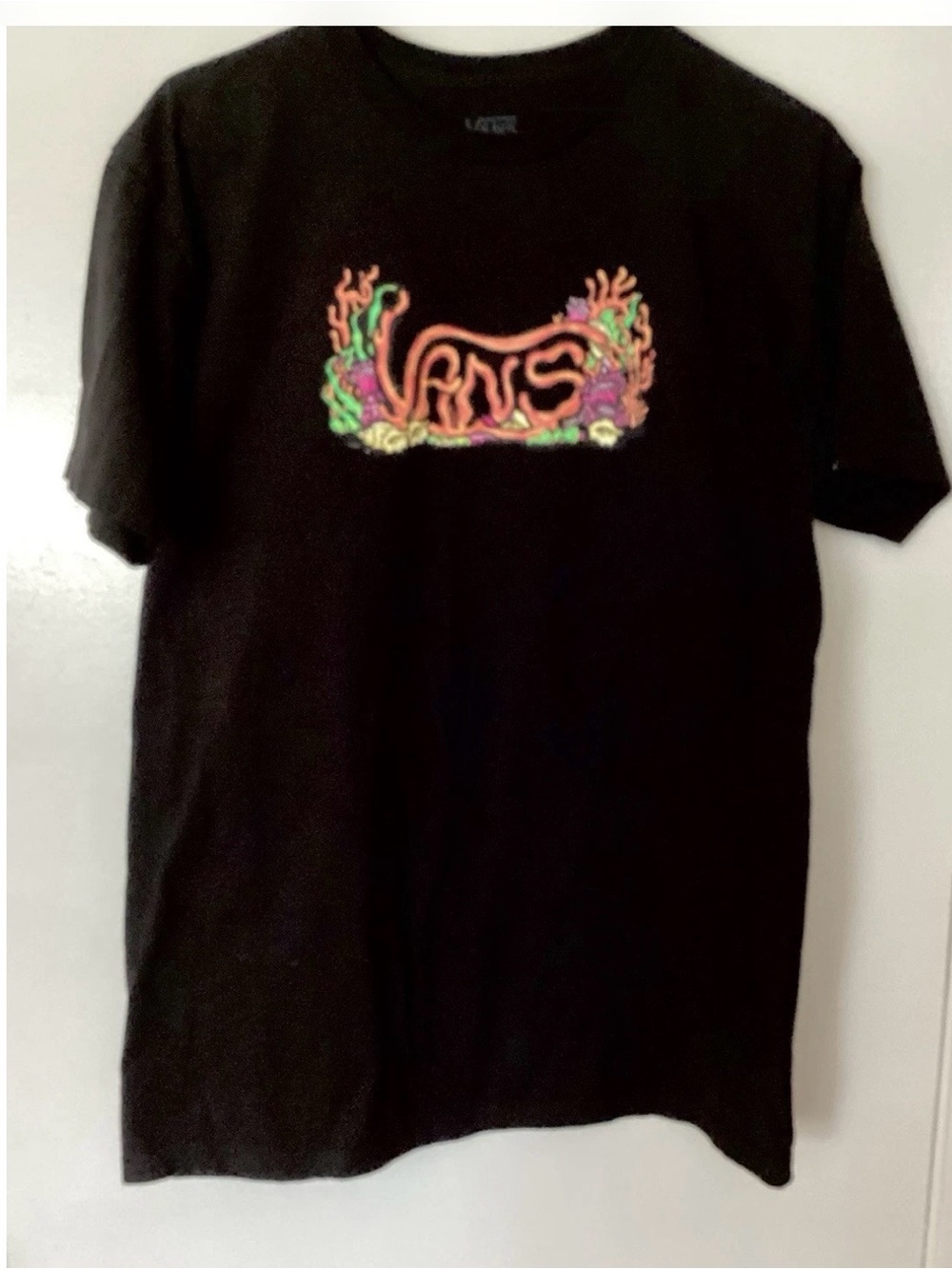 Vans Black Tee with Neon Coral and Multicolor Graphic